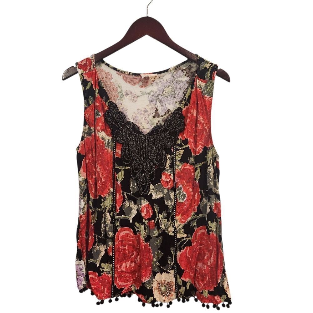 Anthropologie Meadow Rue Floral Sleeveless Tank Medium Red Pom Pom